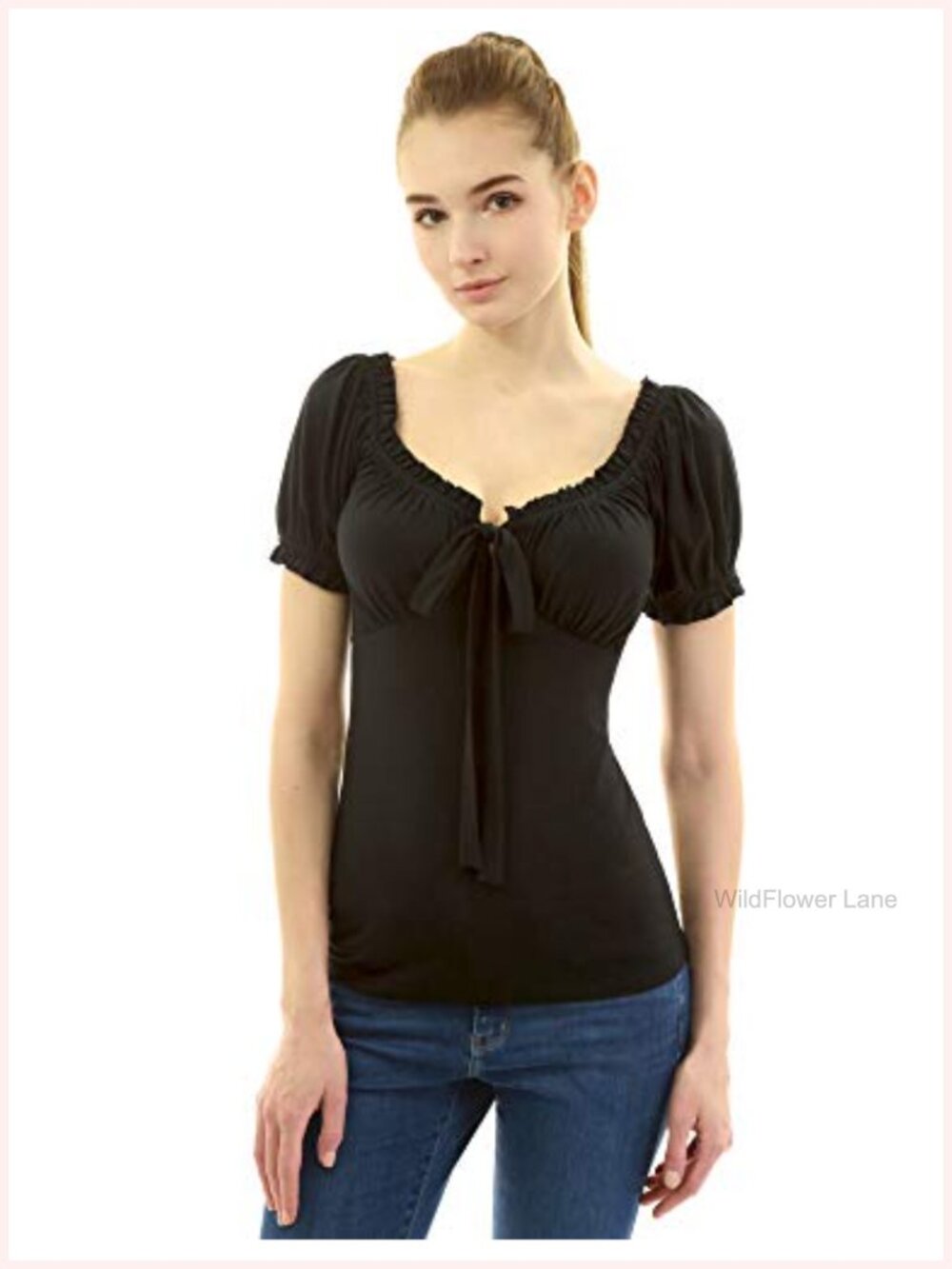 Ruffle V-Neck Puff Sleeve Blouse Women's Rayon Spandex Tunic